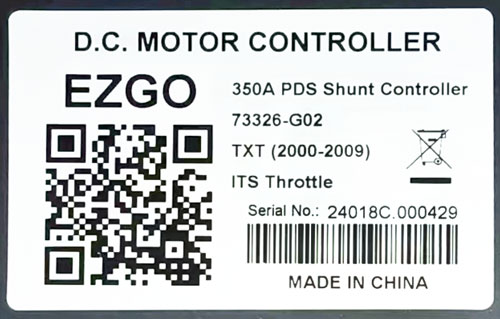 Product label of EZGO TXT PDS Controller 73326-G02, 350A Shunt Controller Working With ITS Throttle