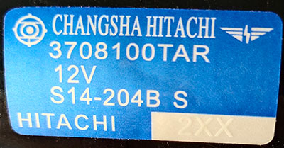 Nameplate of Hitachi Engine Starter 3708100TAR, 12V 2.8kW