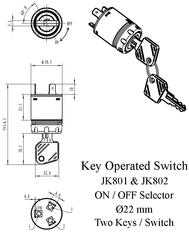 Dimension Diagram of key switches JK801 and JK802