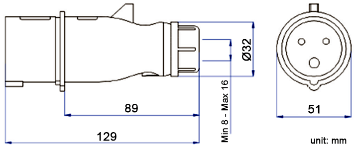 YEEDA Y013 IP44 Industrial Plug Connector Dimension Diagram